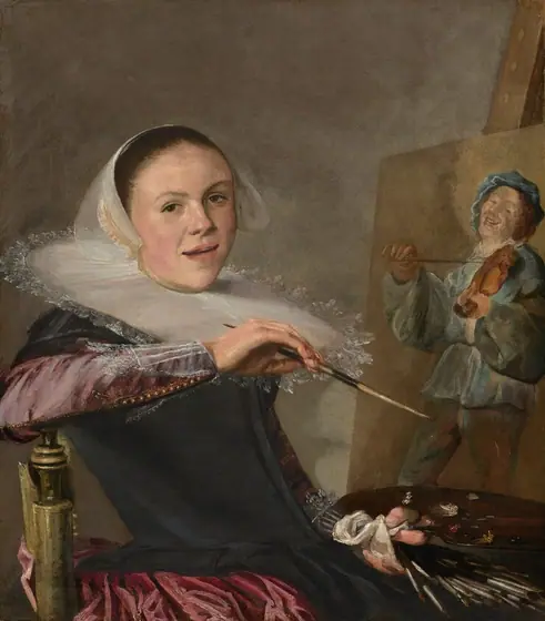 Shown from about the waist up, a woman with smooth, pale skin sits in a chair facing our right in front of a canvas on an easel in this vertical portrait. She leans onto her right elbow, which rests on the seat back.