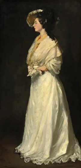 A pale-skinned woman wearing a white gown and hat stands facing our left in profile against a dark background in this vertical painting. The portrait is loosely painted, especially in the clothing and background.