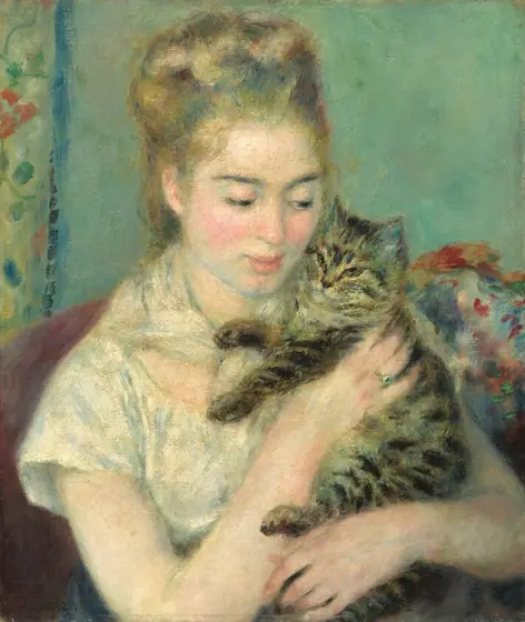 Shown from about the waist up, a young woman wearing white sits in an armchair cuddling a brown and black striped cat in this vertical painting. The scene is painted with blended brushstrokes, giving it a soft look.