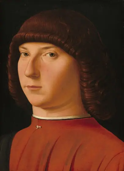 Shown from the chest up, a clean shaven, young man with pale, rosy skin and curly, mahogany-red hair, looks at or toward us against a black background in this vertical portrait painting.