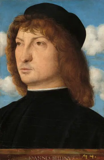 Shown from the shoulders up, a clean-shaven, pale-skinned man with shoulder-length brown hair and dressed in black fills this vertical portrait painting.