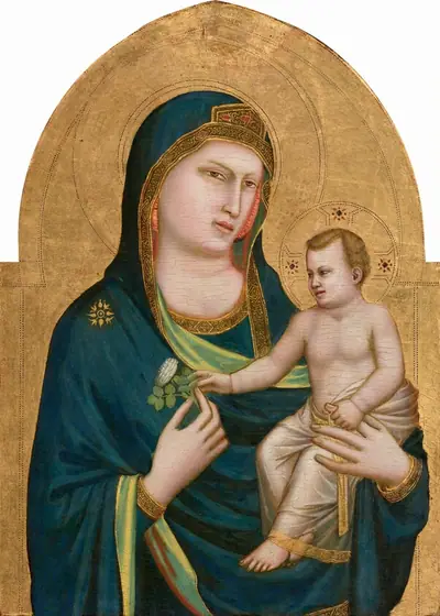 A woman with pale skin holds a baby in the crook of her left arm, on our right, against a gold background in this vertical, arched wooden panel. The woman is shown from the waist up with her body angled slightly to our right.