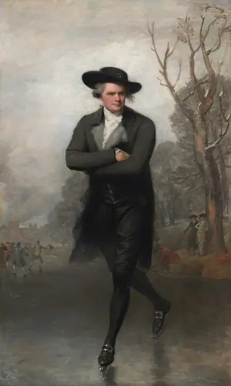 A man with pale skin, wearing a black suit and hat, glides toward us on ice skates in this vertical portrait painting. The man’s body faces us but he turns his head to our right as he looks slightly down and off into the distance.