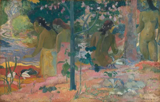 Four young women with olive-green-colored skin shaded with cool blue stand or sit in a vividly colored landscape surrounded by trees in this horizontal painting. A slender, spruce-blue tree divides the picture just to our left of center.