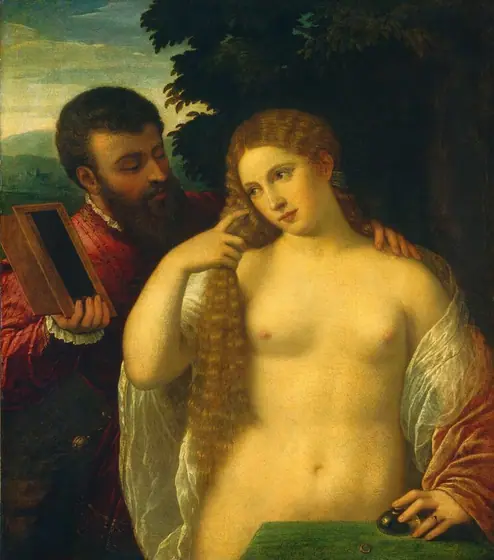 Shown from the hips up, a nude woman stands between a table in front of her and a clothed man behind her, against a deep landscape in this vertical painting. The man rests one hand on her shoulder and holds up a mirror with the other.