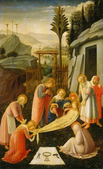 Nine people are gathered in a landscape around the gaunt body of a young man being carried on a cloth in the lower half of this vertical painting. All the people have pale skin tinged with yellow, and all but one have shiny gold halos.