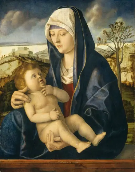 Shown from the hips up, a woman sits facing our left as she cradles a child in her lap in this vertical painting. A ginger-brown parapet spanning the lower edge of the composition separates them from us, and they have pale skin.