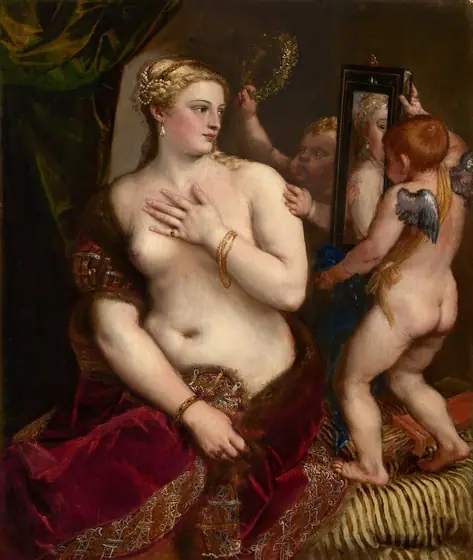 A partially nude woman with pale, peachy skin sits to our left looking into a mirror held up by a nearly nude, winged child to our right in this vertical painting.