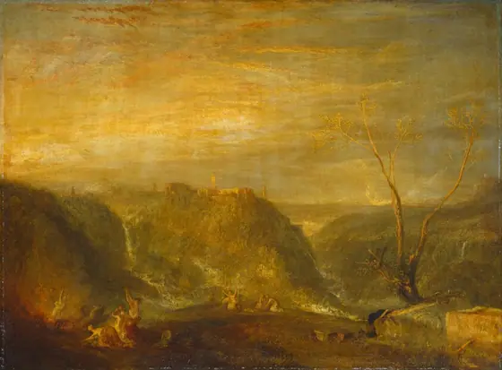 About a dozen people, tiny in scale, flail their arms or huddle in small groups in a vast, mountainous landscape in this gold-toned, horizontal painting.