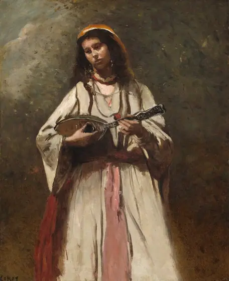 Shown from the shins up, a woman with medium-toned skin plays a mandolin in this loosely painted vertical composition. The woman’s body faces us but her head tips to our left and she looks down in that direction with dark eyes.
