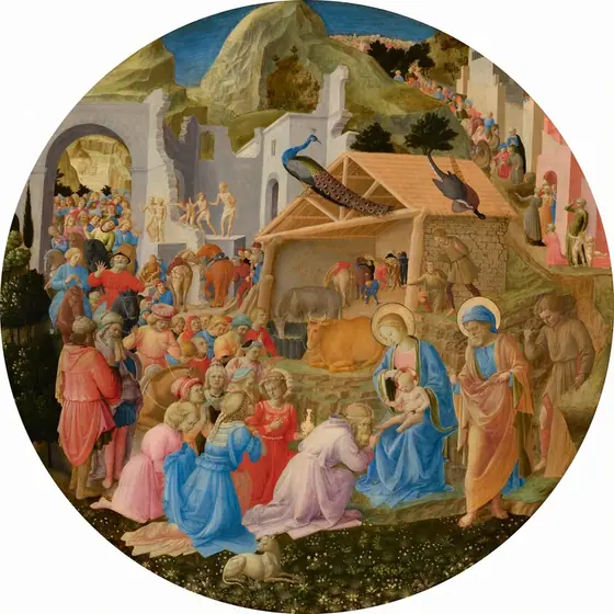 Dozens of people line up around a shed-like structure and around stone ruins to kneel before a woman and baby at the lower center of this circular painting. All the people have pale skin.