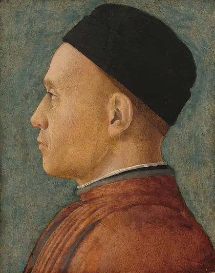 This painting shows a portrait of a man. His head is turned to the left. He has light skin, a straight nose, a soft jawline, and pale lips in a neutral expression. He has closely cropped brown hair mostly covered by a black cap.