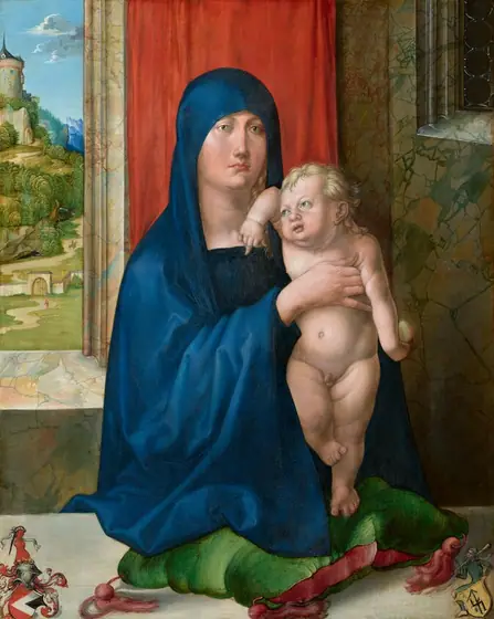Shown from the hips up in a room on the far side of a ledge, a young woman props up a naked baby so he stands on a cushion in this vertical painting.