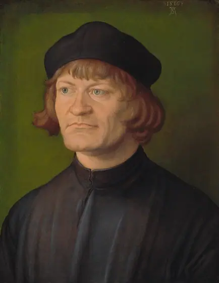 Shown from the chest up, a pale-skinned, clean-shaven man looks off to our left against a moss-green background in this vertical portrait painting.