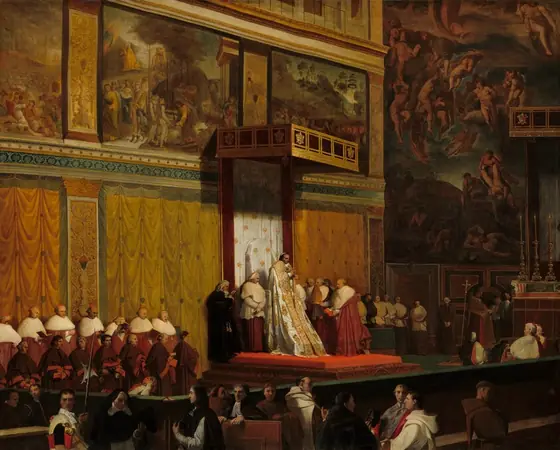 Small in scale within a towering room, a man wearing a white and gold robe sits or stands on a high, covered throne, surrounded by dozens of men in this nearly square painting.