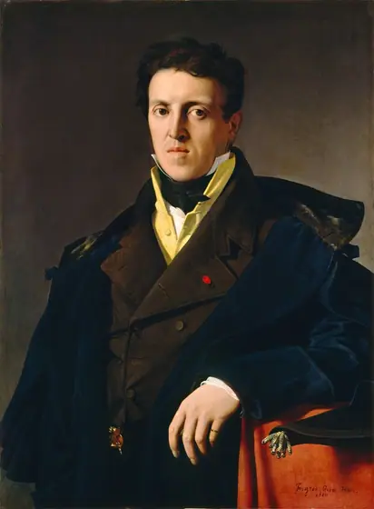 Shown from about the waist up, a man with pale, peachy skin, wearing a marine-blue greatcoat over several layers of clothing, looks out at us in this vertical portrait painting.