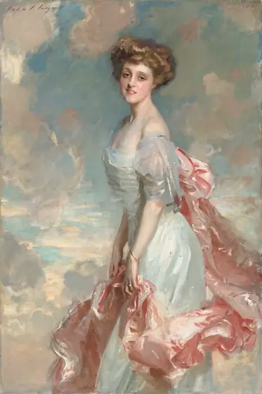 A young woman with pale, peachy skin, wearing a long, silvery blue dress with a rose-pink train looks out at us in this vertical portrait painting.
