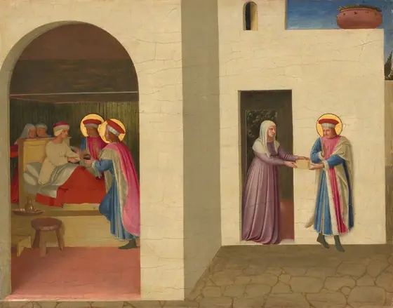 A group of four people gather around a person in a bed, seen through an open doorway to our left, while a man and woman stand near a second doorway of a beige building in this horizontal painting. All the people have pale skin.