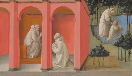 Two men are situated inside a coral-red building that fills the left two-thirds of this composition, and two men are shown in a body of water in a landscape to our right in this horizontal painting.