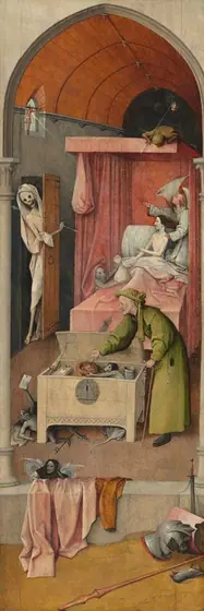 A naked man with ghostly white skin sits upright in a canopied bed set in a narrow room in this tall, vertical painting.