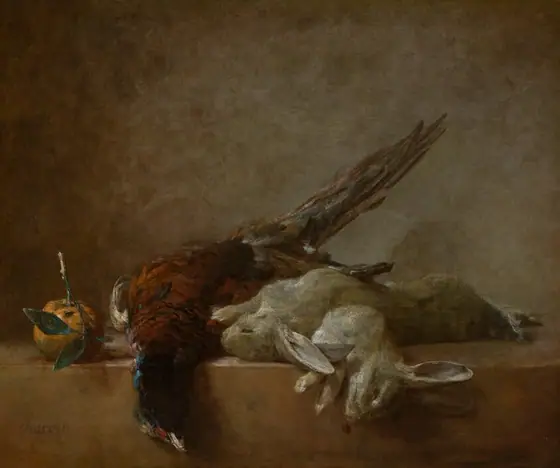An orange and the bodies of a large fowl and two rabbits on a brown ledge nearly span the width of this square still life painting. The face of the ledge takes up the bottom quarter of the composition.