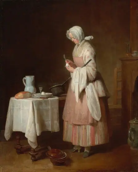 A pale-skinned woman stands holding a spoon and egg, and bracing a long-handled pan in one elbow, in front of a wooden table near a fireplace mantle in this vertical painting.