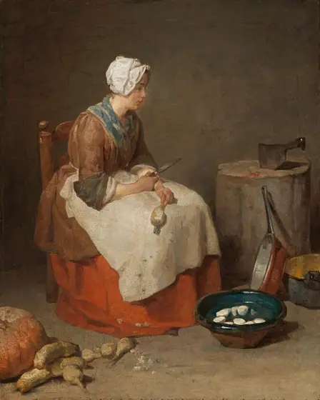 A young woman, holding a knife and vegetable in her lap and wearing a clay-brown jacket over a long, poppy-red skirt, sits on a wooden ladderback chair angled to our right in the center of this vertical painting.
