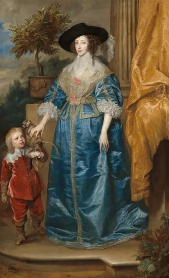 A woman with pale skin, wearing a shimmering, azure-blue gown, stands next to a child with a pale pink complexion, wearing a flame-red suit in this vertical portrait painting.