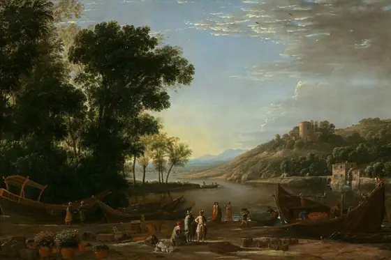 We look slightly down onto a group of people gathered along the bank of a river that winds around a copse of tall trees to our left, past a hill to our right, and into the deep distance in this horizontal landscape painting.