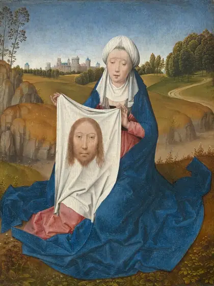 A woman sitting close to us in front of a deep landscape holds up a white cloth with the image of a man’s face on it in this vertical painting. The woman and the image on the cloth both have pale skin, hooded eyes, and long, straight noses.