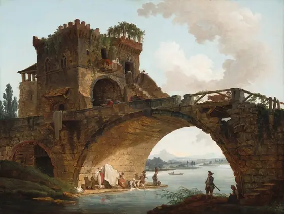 A rustic, arched, stone bridge spanning a shallow river nearly fills this horizontal landscape.