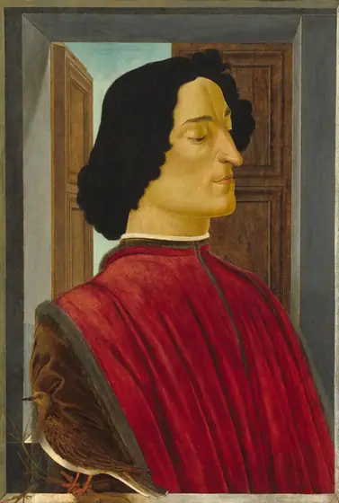Shown from the chest up, a man with pale, yellow-tinged skin is angled to our right with downcast eyes in this vertical portrait painting. He is cleanshaven with chin-length black hair.