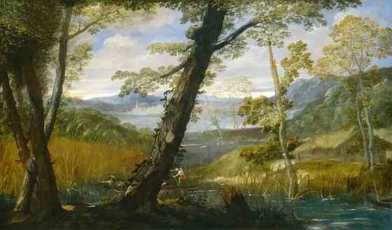 We look through shadowed trees at a river winding into the distance in this horizontal landscape painting.