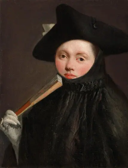 Shown from the chest up, a pale-skinned woman wears a black tricorn hat and a black cloak that covers her shoulders, chest, and much of her face in this vertical portrait painting.
