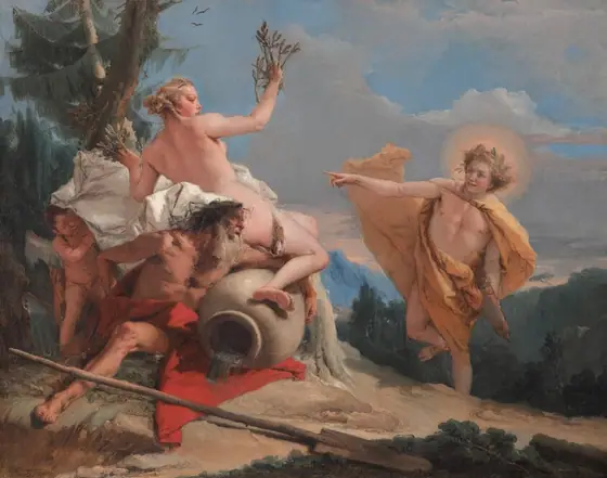 A cleanshaven man in a saffron-yellow cloak runs and points to a nude woman whose fingers are turning into leafy tree branches in this horizontal painting.