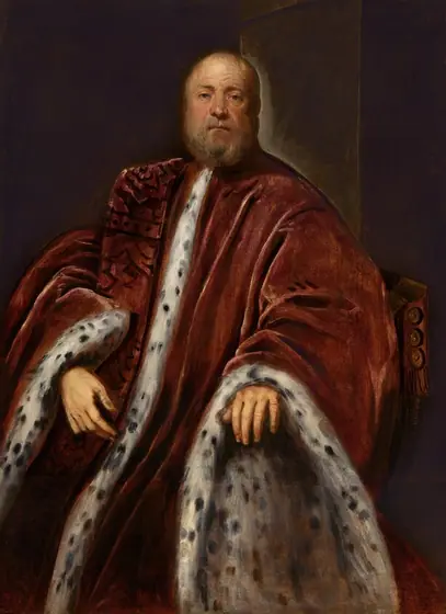 Shown from the shins up, a pale-skinned, balding, bearded man wearing a voluminous rust-red robe lined with black-speckled white fur looks out at us in this vertical portrait painting.