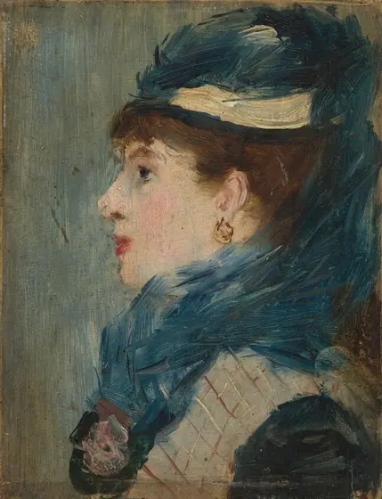 This painting shows a view of a woman's head and shoulders in profile. The woman is facing left, with her eyes forward. She has fair skin, a sharp nose, rosy cheeks, and red lips, and is wearing small gold hoop earrings.