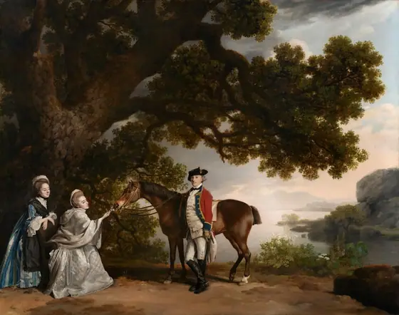 A man stands with one arm resting over the back of a chestnut-brown horse as two women approach the animal in this horizontal portrait painting set in a landscape. The people have pale skin, dark eyes, and ash-brown or gray hair.