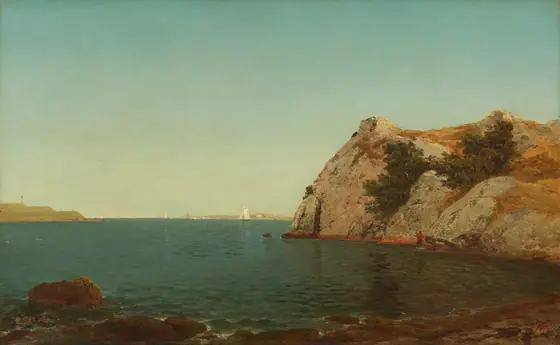 We look across a dark, aquamarine-blue body of water at a bulky, stony outcropping to our right in this horizontal landscape painting.