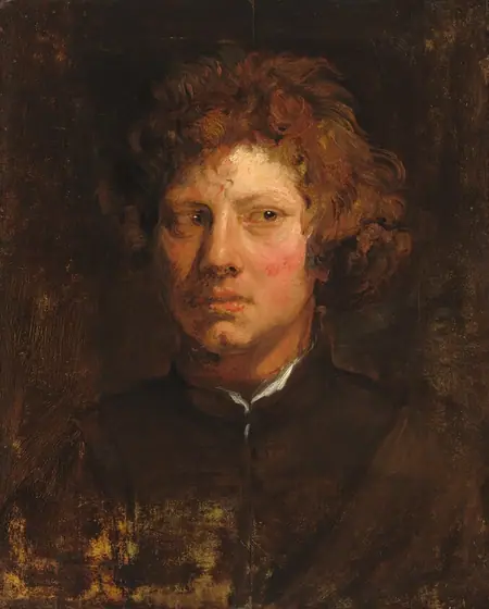 Shown from the chest up with his body and head facing us, a pale-skinned young man cuts his light-brown eyes sharply to our right in this vertical portrait painting.