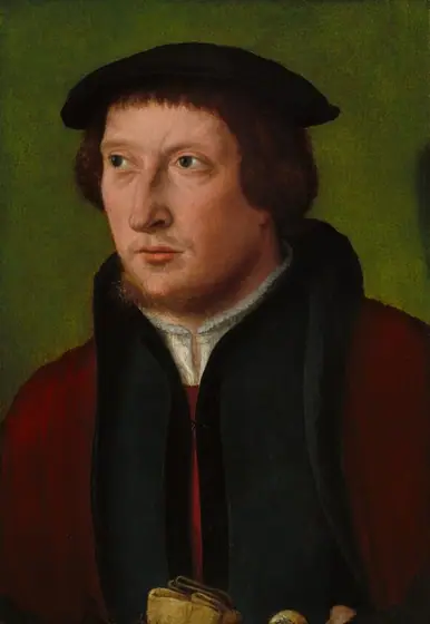 The image depicts a man from the waist up, positioned in a three-quarter view as he looks to his left. He has a fair complexion, a reddish-brown close-cropped beard, and medium brown hair cut at ear length.