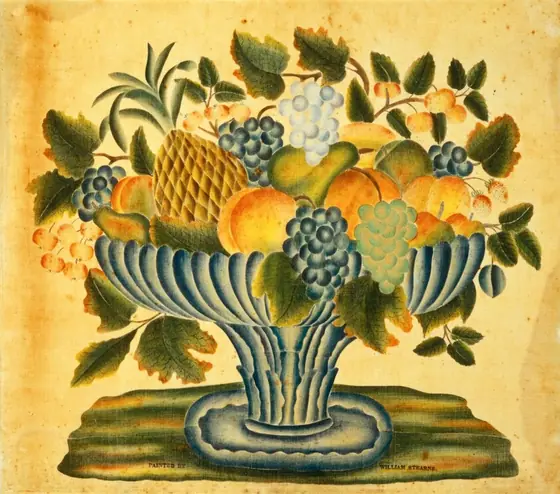 The image shows a large blue and grey bowl filled with various fruits, including grapes, peaches, and a pineapple. The color palette consists of blues, greens, yellows, oranges, and browns.