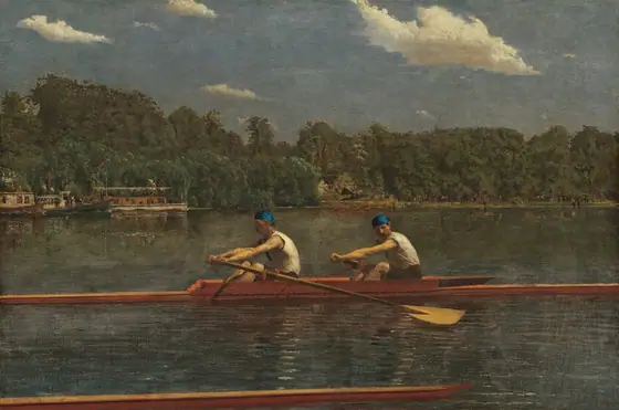 Two men with pale skin, wearing white sleeveless shirts and royal-blue caps, row in unison in a long, narrow boat on a placid blue river in this horizontal landscape painting.