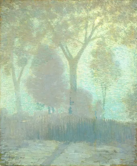 This painting shows a cluster of trees against a bright sky in shades of pale yellow and pale seafoam green. Closest to us, a green-gray path stretches horizontally next to tall teal and blue grasses.