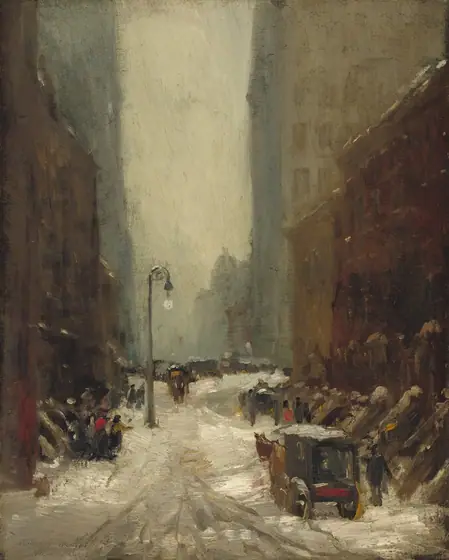 A snowy street with a horse and carriage is flanked to each side by tall buildings in this vertical painting. The overcast scene is loosely painted with visible brushstrokes throughout, so some details are difficult to make out.