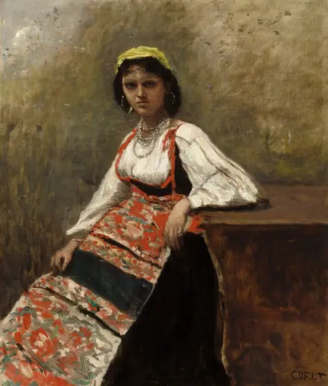 This painting shows a woman sitting, her body facing the left and her head turned to look at us, with one arm resting on a wooden surface on the right.