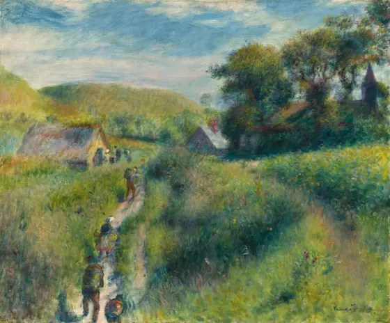 This painting shows a view from above, looking down a path on the left where several people walk away from us towards a house in the distance surrounded by lush green vegetation.