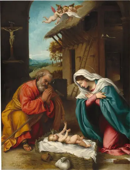 A young woman and an older man kneel to either side of a nude baby outside of a barn-like structure in this vertical painting.