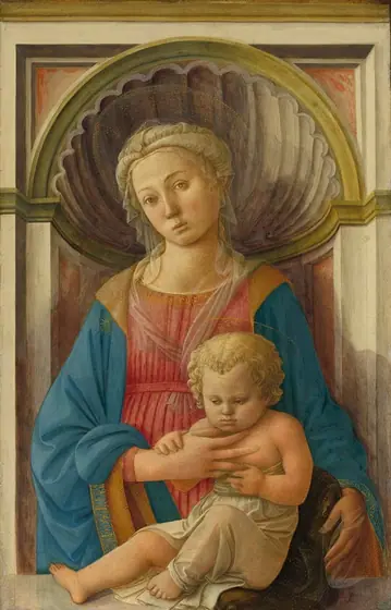 A woman supports a pudgy baby who sits on a stone ledge in this vertical painting. They both have pale skin, rosy cheeks, blond hair, and subtle halos made of gold dots. The woman’s body faces us, and her head tips to our left.