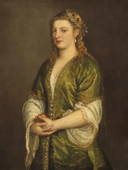Shown from about the hips up against a sable-brown background, a pale-skinned woman stands cradling an apple with both hands at her waist in this vertical portrait painting.